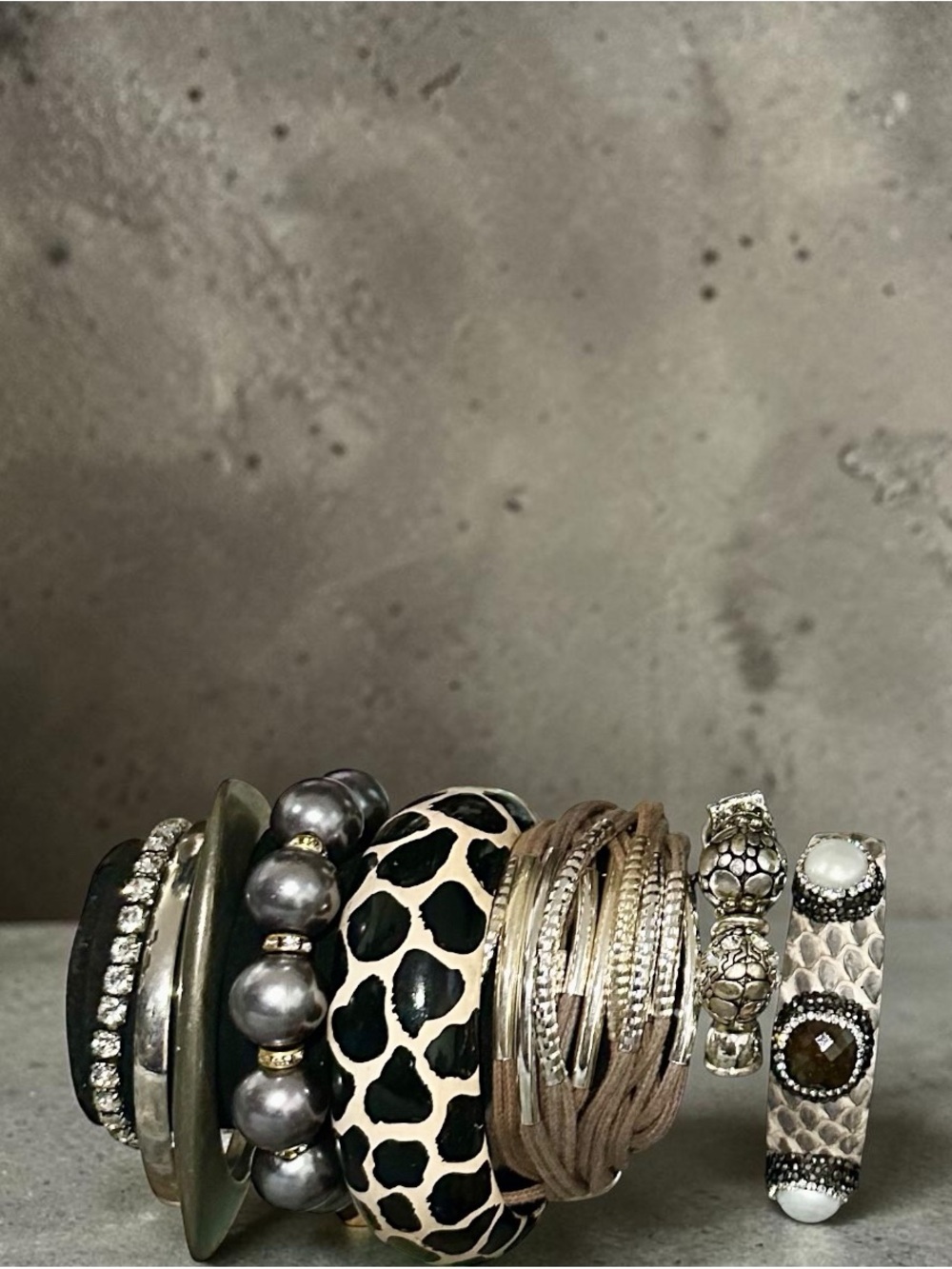 Boho Mixed Media Bracelet Stack • Animal Print Enamel Bangle Rhinestone Cuff Set